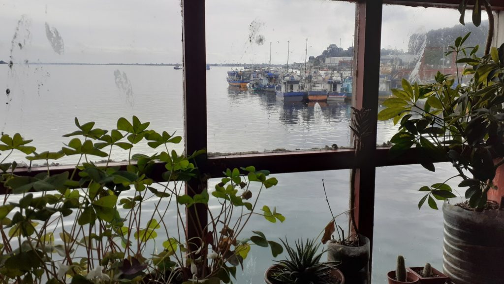 Vue sur le port Calbuco depuis la vitre d'un restaurant de son marché couvert