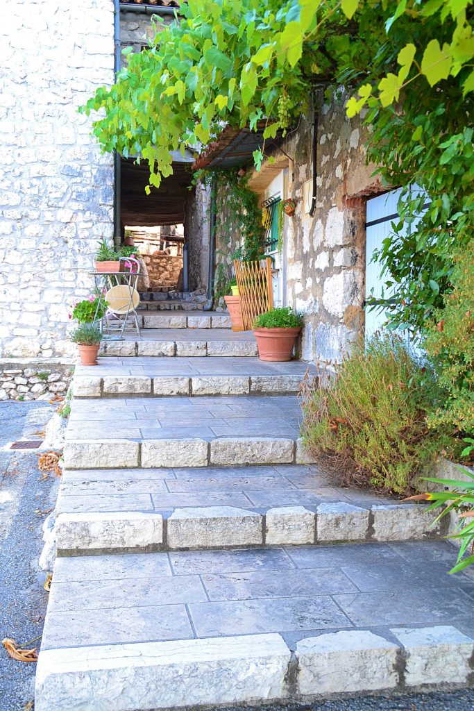Entrée de maison en pierre avec escalier et végétation